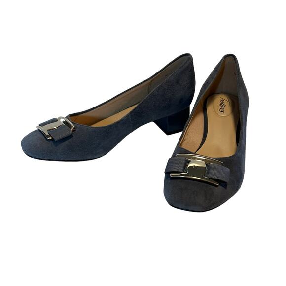 Trotters Louise Gray Suede Gold Bow Round Toe Chunky Heel 7m - Picture 5 of 10